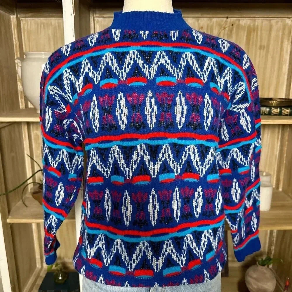 Vintage 1980s Bright Blue Geometric Knit Sweater Abstract Grunge Style Pullover